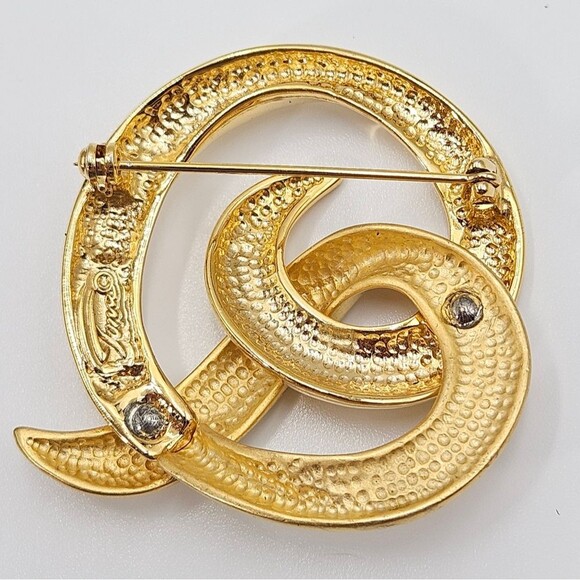 Vintage Two Tone Goldtone Metal Curlicue Swirl Rib Ribbon Brooch - Picture 5 of 7